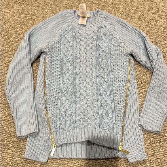 Michael Kors Light Blue Cable Knit Sweater with Gold Zippers - Picture 1 of 3